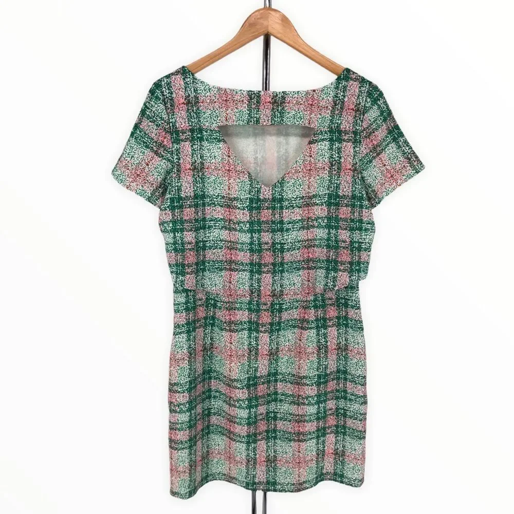 Cooper & Ella Pink Green Plaid Print Back Cutout Short Sleeve Dress size Small - Picture 8 of 12